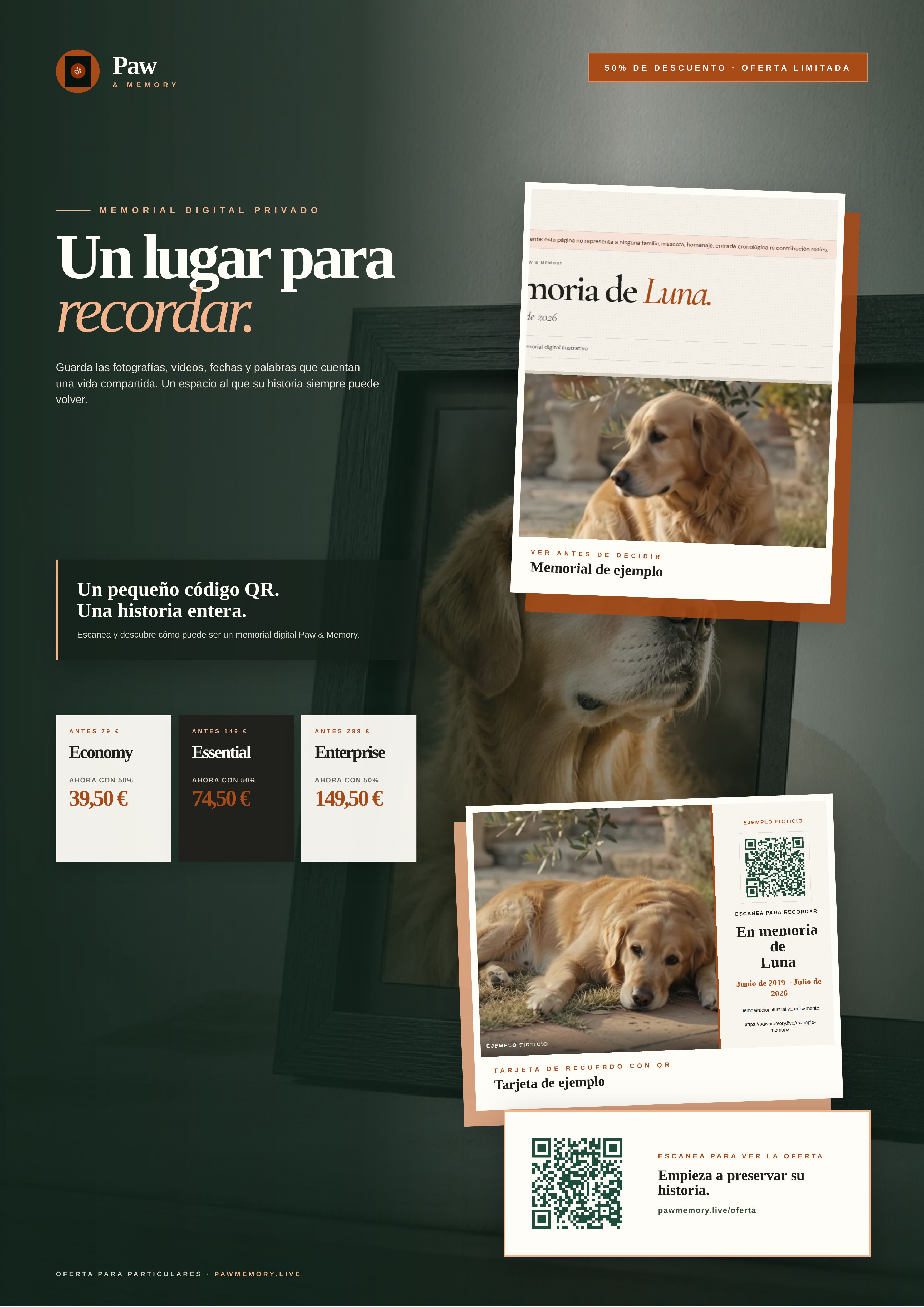 Paw & Memory Spanish A3 campaign poster for the limited 50% family offer